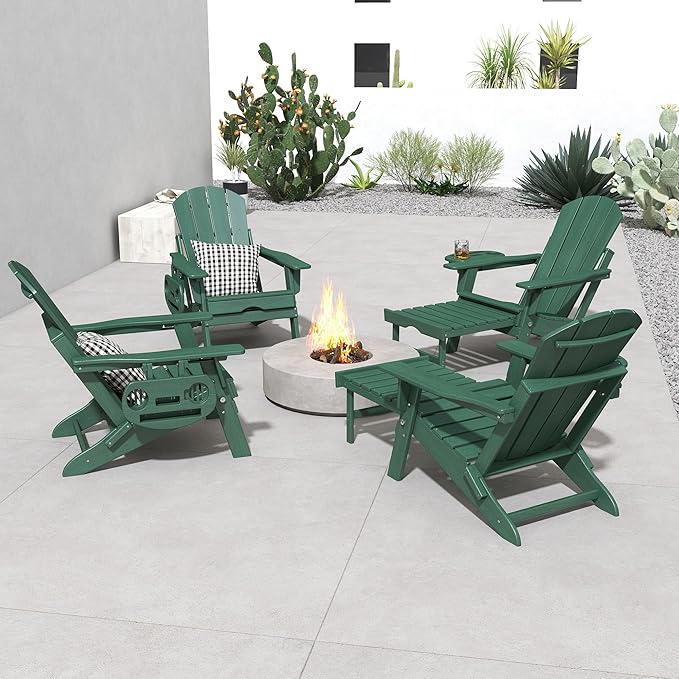 FOOWIN Folding Adjustable Adirondack Chair with Retractable Ottoman Set of 2, HDPE Adirondack Chair w/4 in 1 Cup Holder Trays,All-Weather Resistant Fire Pit Chair for Outdoor Patio Lawn, Dark Green