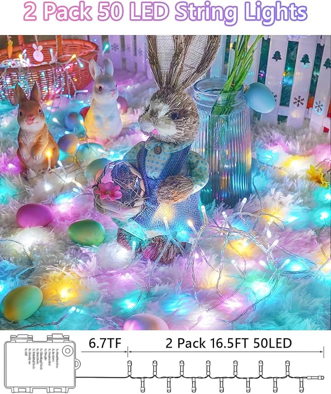 Easter Lights Battery Operated Fairy Lights, 2 Pack 33FT 100LED Multicolor easter String Lights, 8 Modes Waterproof Pastel Light Indoor Outdoor, Twinkle Lights for Room Garden Party Easter Decorations