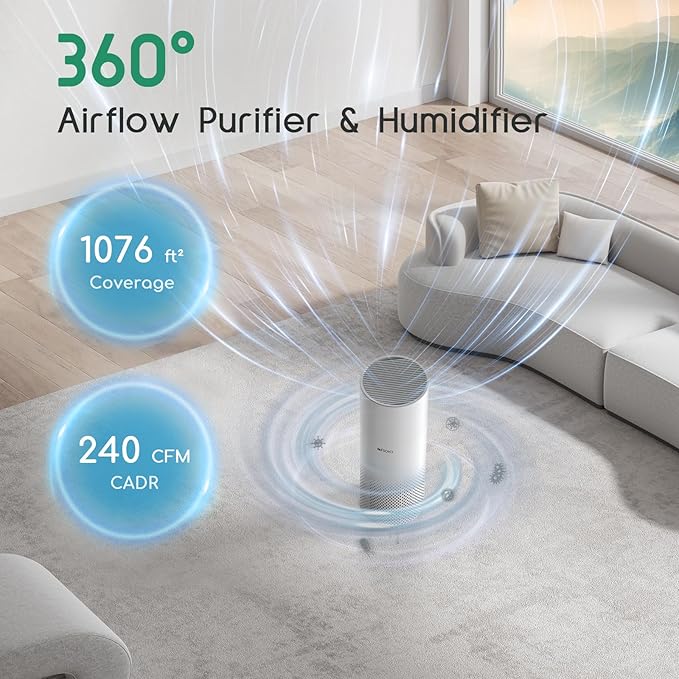 Afloia Humidifier and Air Purifier in One, 3-Stage Filter Cleaner Evaporatively Humidify Combo Remove Pets Dust Dander Hair Allergy Pollen Smoke Smell for Home Bedroom Large Room, 24dB Quiet