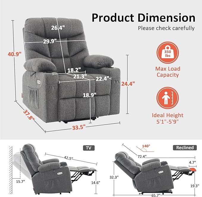 MCombo Power Lift Recliner Chair with Extended Footrest for Elderly People, Fabric 7287/7087 (Dark Gray, Medium)