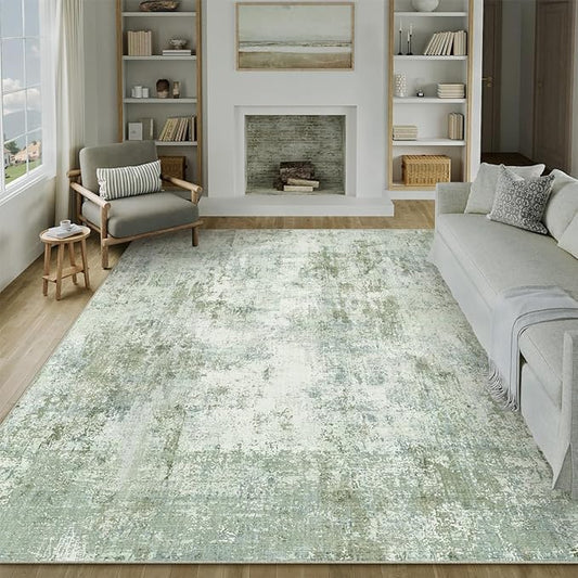 10x14 Washable Area Rug Sage Green Abstract Living Room Bedroom Carpet Neutral Modern Non-Slip Soft Low Pile Lightweight Vacuumable Large Throw Rug for Dining Room