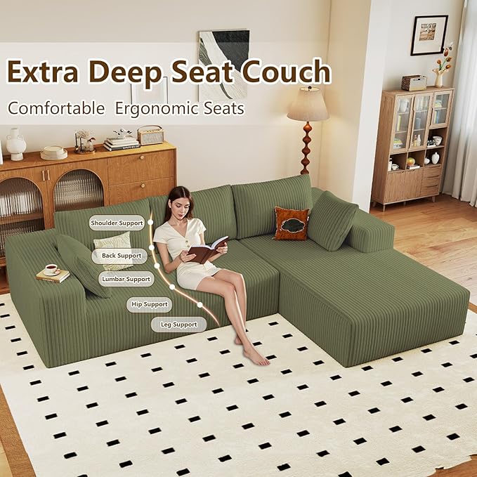 96" Modular Sectional Couch, Boneless L Shaped Cloud Sofa with Chaise Lounge, Corduroy Upholstered Couches Memory Foam Deep Seat, No Assembly Required, Ideal for Living Room(Green, Right Facing)