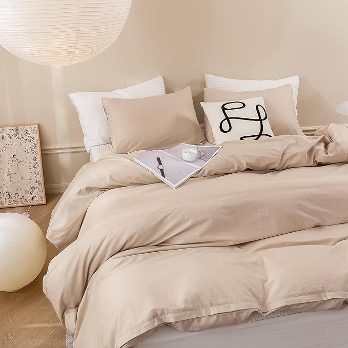ECOCOTT Khaki Duvet Cover Queen Size - 100% Washed Cotton Durable Soft Comfy Duvet Cover Set, Lightweight and Breathable with Zipper Closure & Corner Ties (Khaki, 90''x90'')