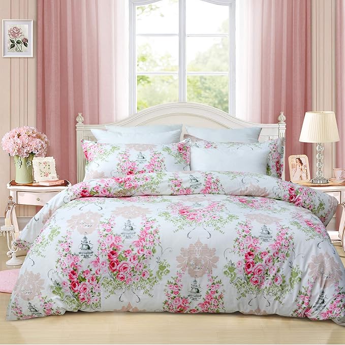 FADFAY Pink Rose Floral Duvet Cover Set 100% Cotton Girls Bedding with Hidden Zipper Closure 3 Pieces, 1duvet Cover & 2pillowcases,Queen Size
