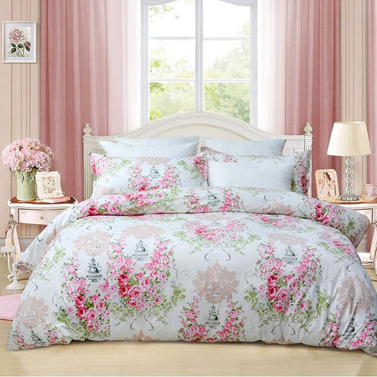 FADFAY Pink Rose Floral Duvet Cover Set 100% Cotton Girls Bedding with Hidden Zipper Closure 3 Pieces, 1duvet Cover & 2pillowcases,Queen Size