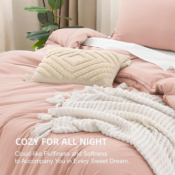 Litanika Comforter Set, Lightweight Solid Bedding Comforter Set, Fluffy Down Alternative Bed Set, Blush Pink, Queen