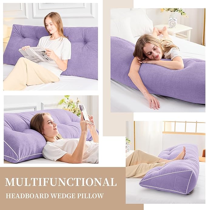 Sasttie Headboard Pillow Full, Wedge Pillow Headboard for Sitting Up in Bed, Back-Rest Support Triangular Cushion for Reading - Features Removable Washable Cover, Purple