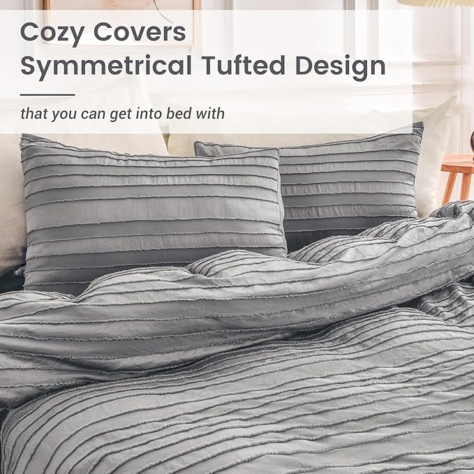 NEXHOME PRO Duvet Cover Queen Size, Grey 3 Pieces Boho Tufted Duvet Cover Set, Soft and Lightweight Microfiber Comforter Cover Set for All Season (Grey Queen, 90 x 90)-No Comforter