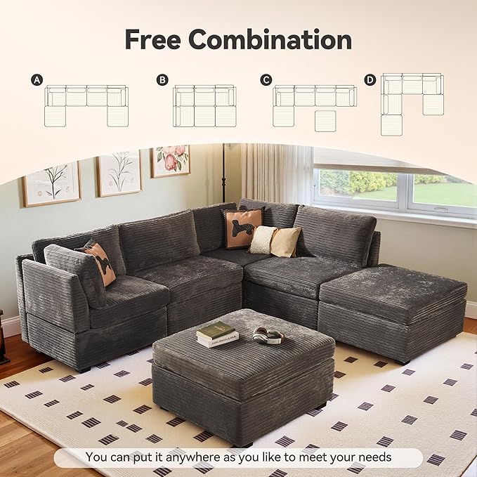 Large 6 Seat Modular Sectional Sofa with Ottoman Seat Corduroy Sleeper Sectional Sofa Bed Oversized Convertible Modular Couch for Living Room