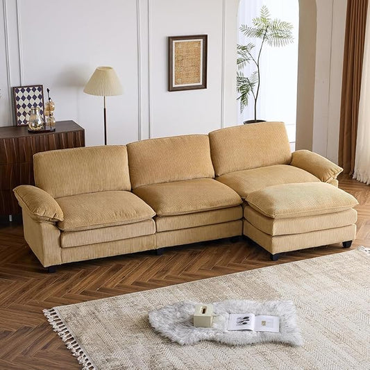 VINGLI 121" L Shape Sectional Couch, Convertible Sectional Couch for Living Room & Apartment,Modern 3-Seat Convertible Modular Sofa with 1 Ottoman，Corduroy,Khaki