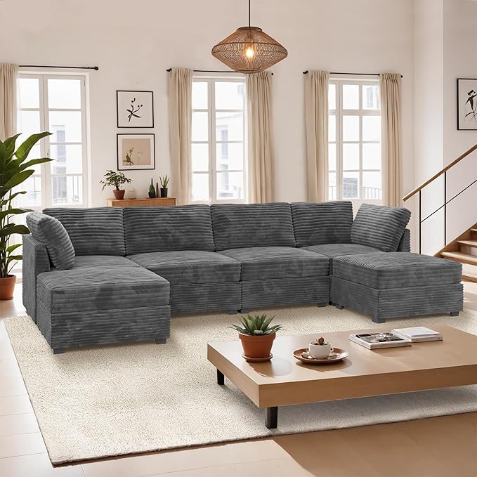 Large 6 Seat Modular Sectional Sofa with Ottoman Seat Corduroy Sleeper Sectional Sofa Bed Oversized Convertible Modular Couch for Living Room
