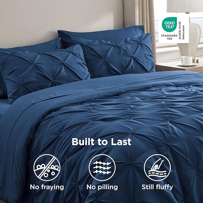 Bedsure King Size Comforter Set - Bedding Sets King 7 Pieces, Pintuck Bed in a Bag Navy Blue Bed Set with Comforter, Sheets, Pillowcases & Shams