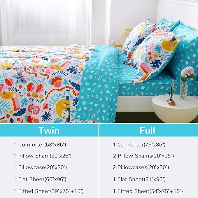 Viviland Kids Full Bedding Sets for Girls, Boys Soft Full Comforter Set with Sheets, 7 Pieces Microfiber Bed in a Bag, Sloth Rainforest