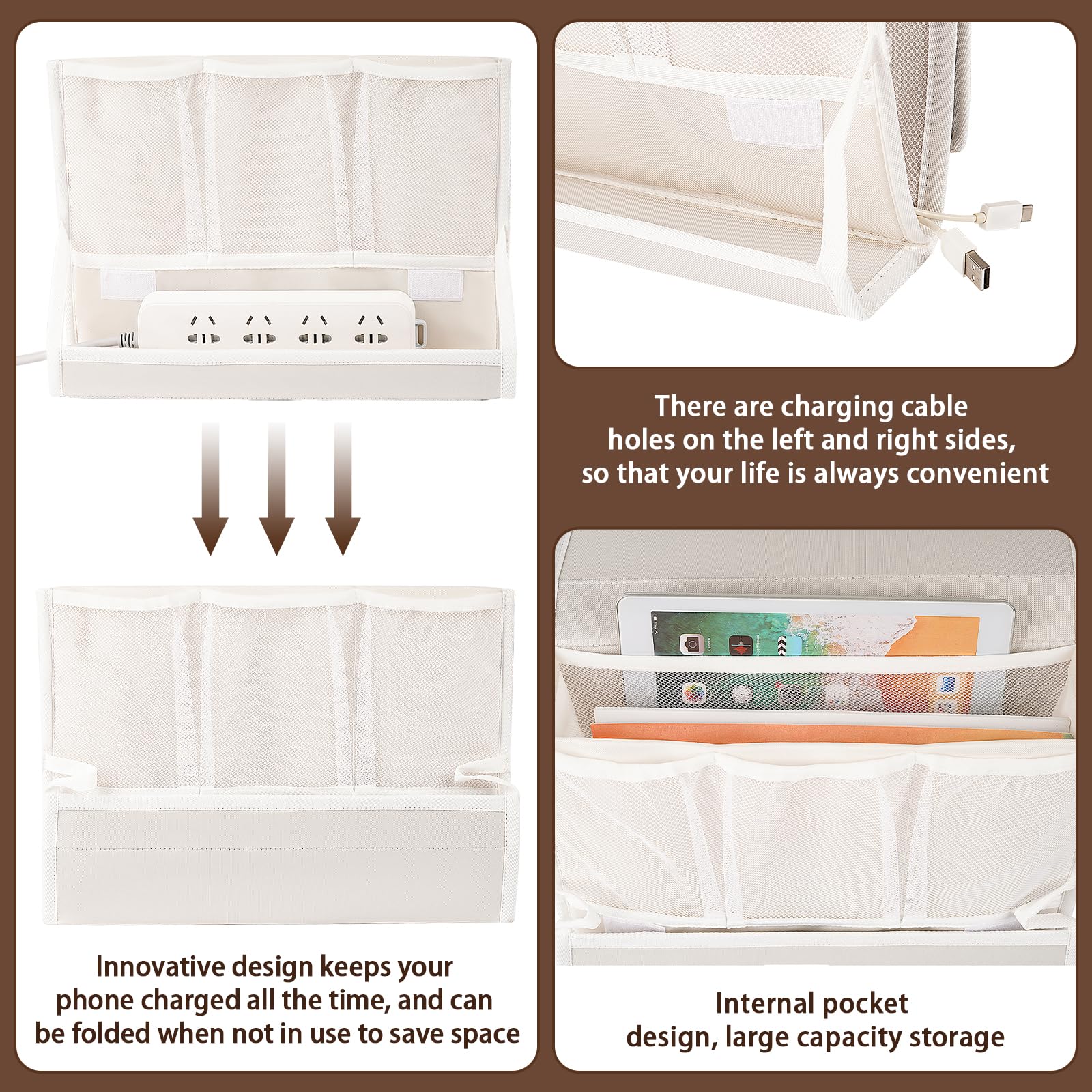 Bedside Caddy Bedside Storage Organizer Bedside Organizer with Power Strip Holder and 2 Adjustable Straps for Home Bunk Bed College Dorm Sofa (White) Dormly