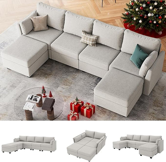 114.17" Modular Sectional Sofa, 6 Seat Modular Couch with Storage, Memory Foam, Convertible Sectional Couches for Living Room, U Shaped Comfy Modular Sofa with Chaise, Light Grey