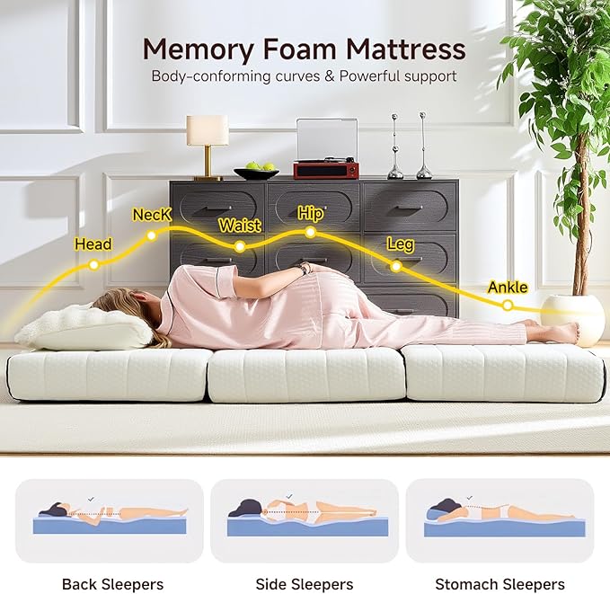 Foldable Mattress, Twin Tri-Fold Memory Foam Mattress Topper with Washable Cover, Handle & Non-Slip Bottom, 4 Inch Portable Folding Bed for Guest, Yoga, Living Room, Camping - 75"x38"x4"