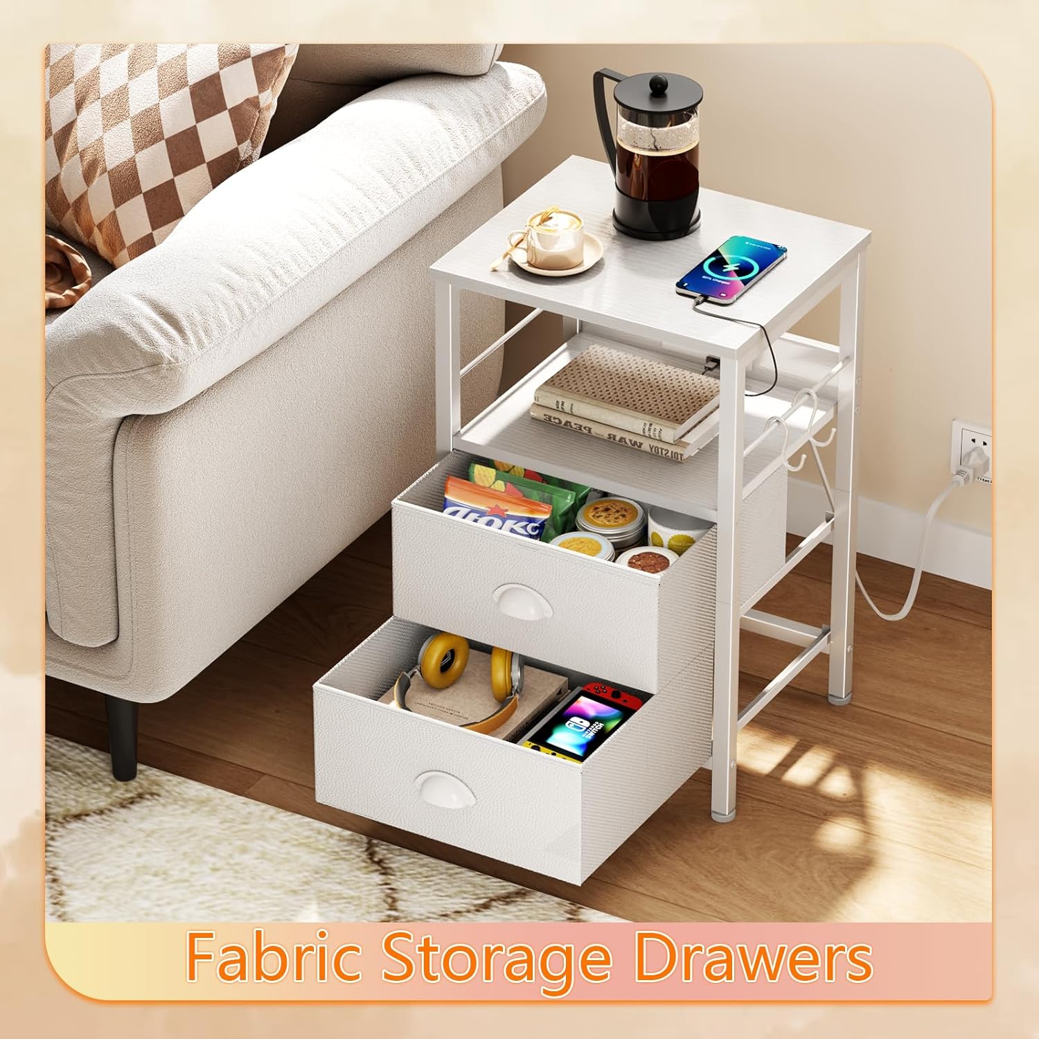 Furologee End Table with Charging Station, Nightstand with Fabric Drawers, Side Tables with USB Ports & Outlets, Night Stand with Storage Shelf & Hooks, for Living Room/Bedroom, White Dormly