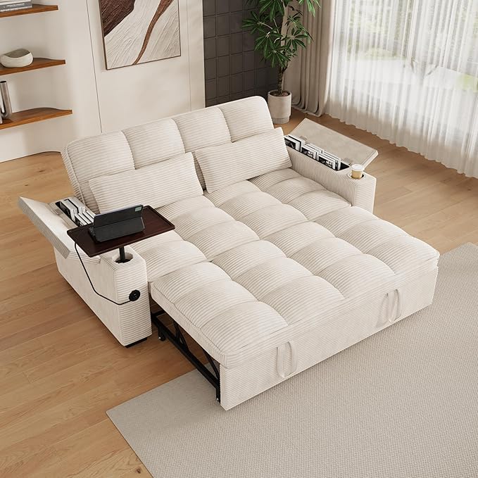 65" Sofa Bed, Loveseat 3-in-1 Sleeper Sofa with Pull Out Bed, 360° Swivel Side Table and USB, 2 Seater Convertible Small Couch for Living Room Apartment (Beige, Corduroy)