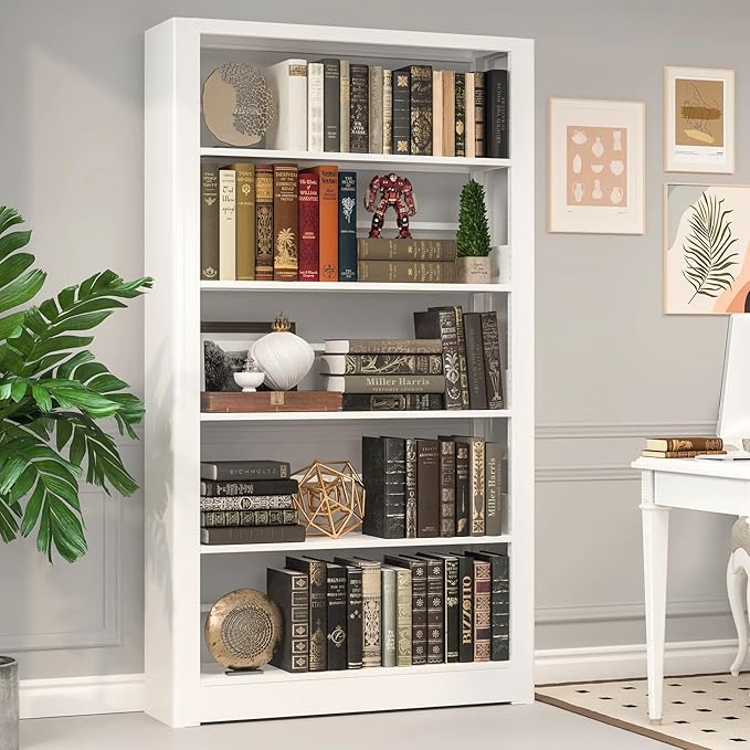 White Bookshelf, 5 Tier Tall Bookshelf, Metal Bookshelves and Bookcases with Adjustable Shelves, Large Bookshelf Open Display Shelves with for Study, Office, Corner (69" H)