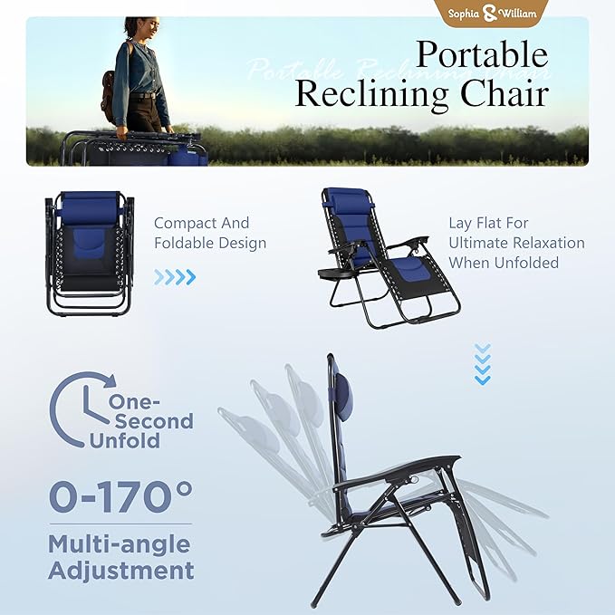 Sophia & Willliam Zero Gravity Chair Set of 2, Reclining Folding Chair with Free Cup Holder (Blue)