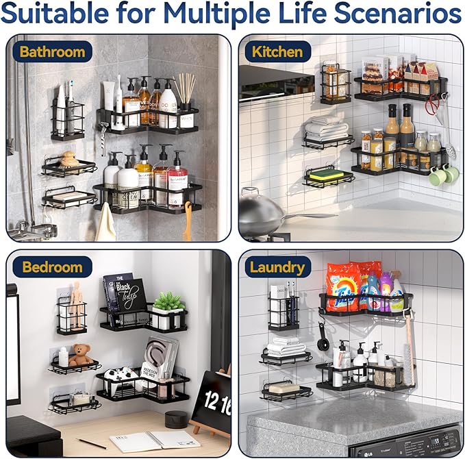 YASONIC Corner Shower Caddy, 5-Pack Adhesive Rustproof Stainless Steel Shower Organizer with Soap Holder, No Drilling Shower Shelf for Inside Shower, Dorm, Renters, Black