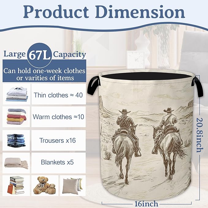 Western Cowboy Laundry Hamper With Handle,Foldable Oxford Cloth Horse Desert Laundry Basket,20.8"x16" Clothes Storage Basket for Laundry Room/Bedroom/Bathroom