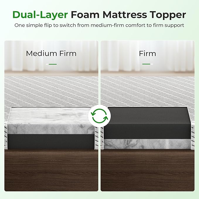 Bamboo Mattress Topper Twin XL Size 2 Inch, Cooling Gel & Bamboo Charcoal Memory Foam Mattress Topper for Back Pain Relief, Firm Dual-Layer Foam Bed Pad with Removable Cover College Dorm