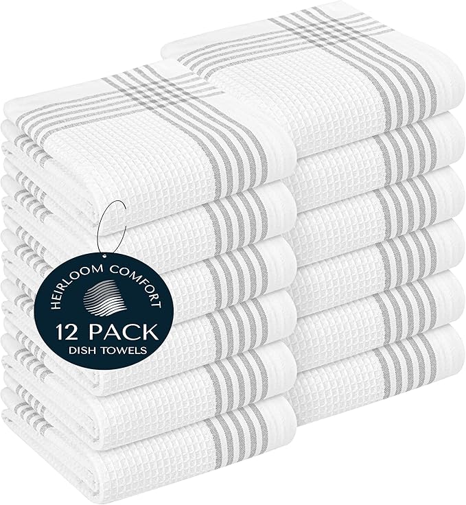 Grey and White Cotton Kitchen Towels 12 Pack, 16x26 Inch, Waffle Weave, Quick Dry, Absorbent, Durable Dish Towels for Drying, Cleaning, Cooking, Daily Kitchen Use