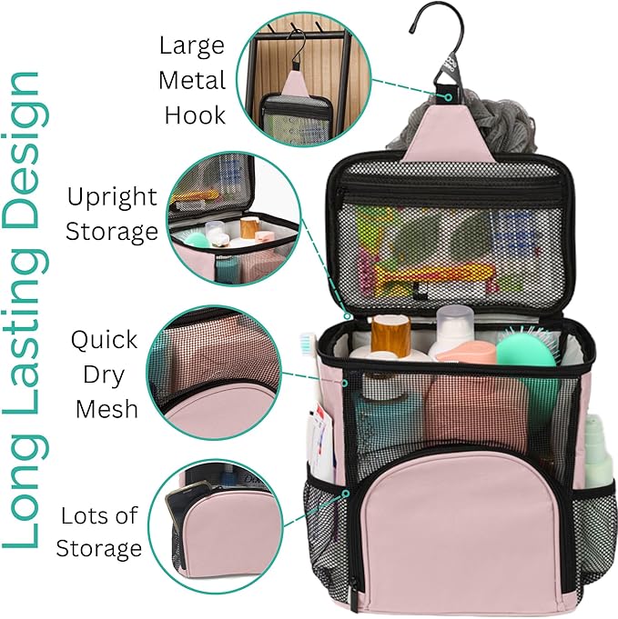 College Dorm Room Essentials for Girls - Original Shower Caddy Dorm - Portable, Durable, Roomy, Foldable Water Resistant Shower Bag in Light Pink with Metal Hook for Hanging (Blush Pink)