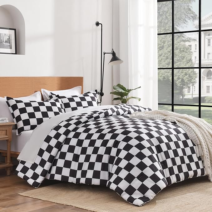 Andency Checkered Comforter Queen(90x90Inch), Black White Plaid Gingham Buffalo Grid Bed Set for Boys Kids Teens, 3 Pieces Lightweight Microfiber Geometric Preppy Bedding
