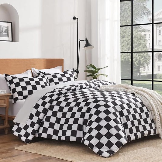 Andency Checkered Comforter Queen(90x90Inch), Black White Plaid Gingham Buffalo Grid Bed Set for Boys Kids Teens, 3 Pieces Lightweight Microfiber Geometric Preppy Bedding