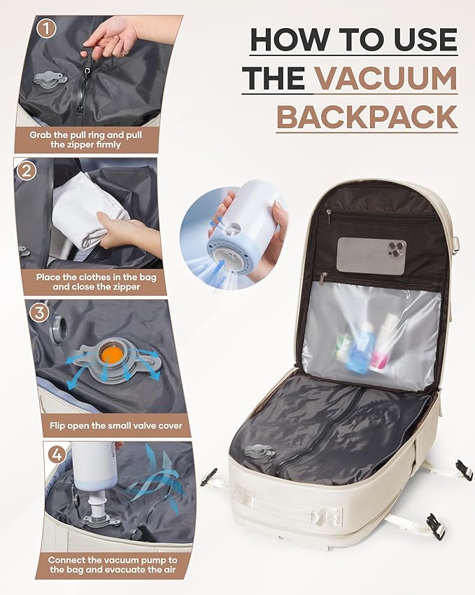 Vacuum Backpack Travel with Pump, Expandable Travel Backpack with Vacuum System, Vacuum Compression Bags Personal Item Carry On Suitcase Luggage Flight Approved Backpacks for Women Men, Beige