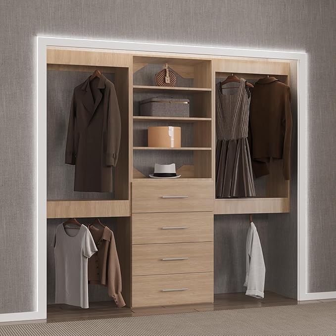 Modular Closet, 96" Wide Organizer with Hanging and Drawers, Wood Tower for Walk-In Closets, Wall-Mounted Organizer Kit