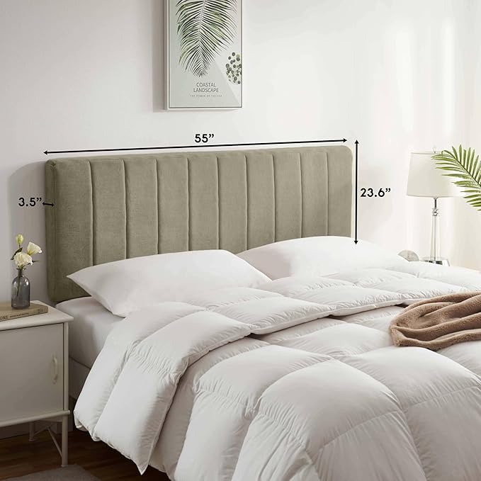Hearth & Harbor Upholstered Full Headboard - Easy Assemble Channel Stitched Headboard Full Size - Wall Mounted Headboards with 3D Soundproof Wall Panels Peel & Stick Floating Headboards, Olive Green
