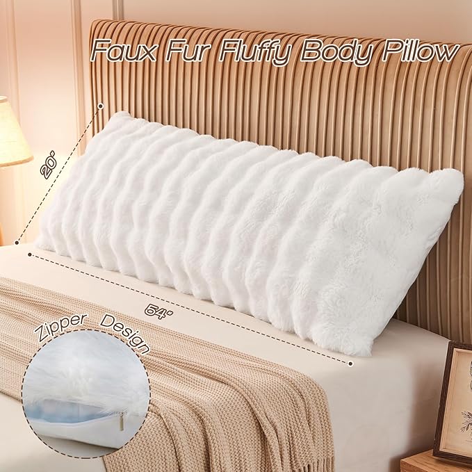 YZ HOME Faux Fur Fluffy Body Pillow for Adults - Firm Body Pillow Insert with Shredded Blue Memory Foam, Adjustable Height, Soft Support for Side Sleeping, Pregnant Women, Washable, 20x54 Inch (White)