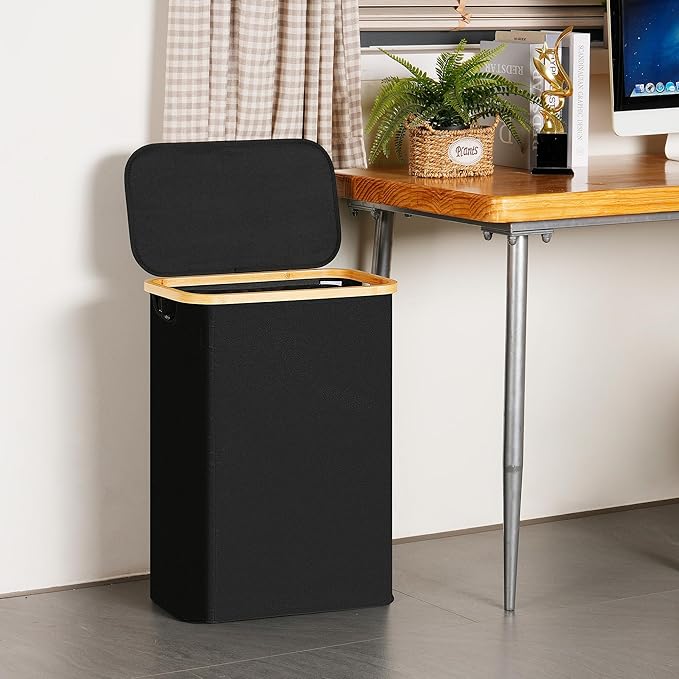 efluky Slim Laundry Basket with Lid, Narrow Laundry Hamper with Removable Bag, Skinny Dirty Clothes Basket with Bamboo Handles for Bathroom, Bedroom & Laundry Room, 65L Black