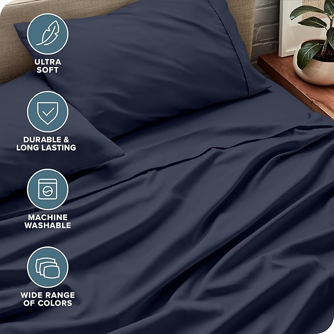 Bare Home Ultra-Soft Queen Sheet Set - Luxury 1800 - Hydro-Brushed - Deep Pockets - Easy Fit - 4 Piece Set - Bed-ding Sheets & Pillowcases (Queen, Midnight Blue) BareHome