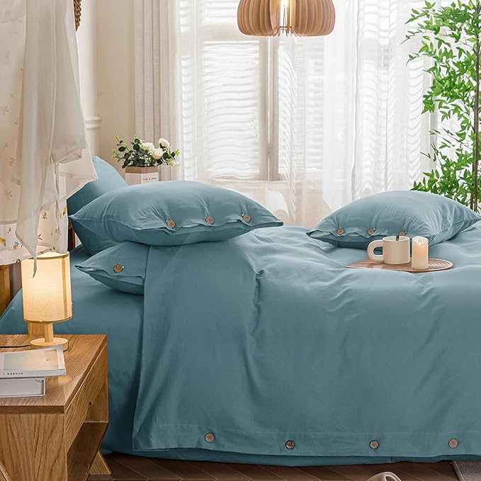 JELLYMONI Cotton Duvet Cover Twin Size - Grayish Blue Comforter Cover with Button 100% Washed Cotton 2PCS Breathable Soft Solid Bedding Set Duvet Cover 68×90in & 1 Pillowcase (NO Comforter)