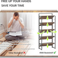 4NM No Assembly 5 Tiers Folding Bookshelf Storage Shelves Vintage Bookcase Standing Racks Study Organizer Home Office (Rustic Brown Black)