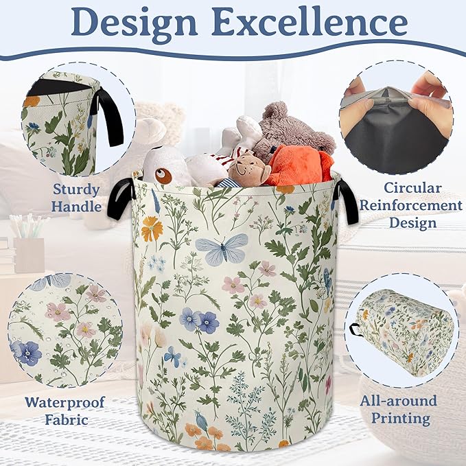 Wildflowers Laundry Hamper With Handle,Foldable Oxford Cloth Vintage Plants Herb Flower Butterfly Laundry Basket,20.8"x16" Clothes Storage Basket for Laundry Room/Bedroom/Bathroom