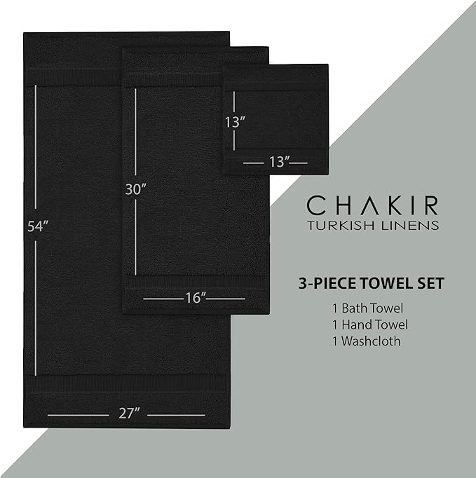 Chakir Turkish Linens | Hotel & Spa Quality 100% Cotton Premium Turkish Towels | Soft & Absorbent (3-Piece Towel Sets, Black)