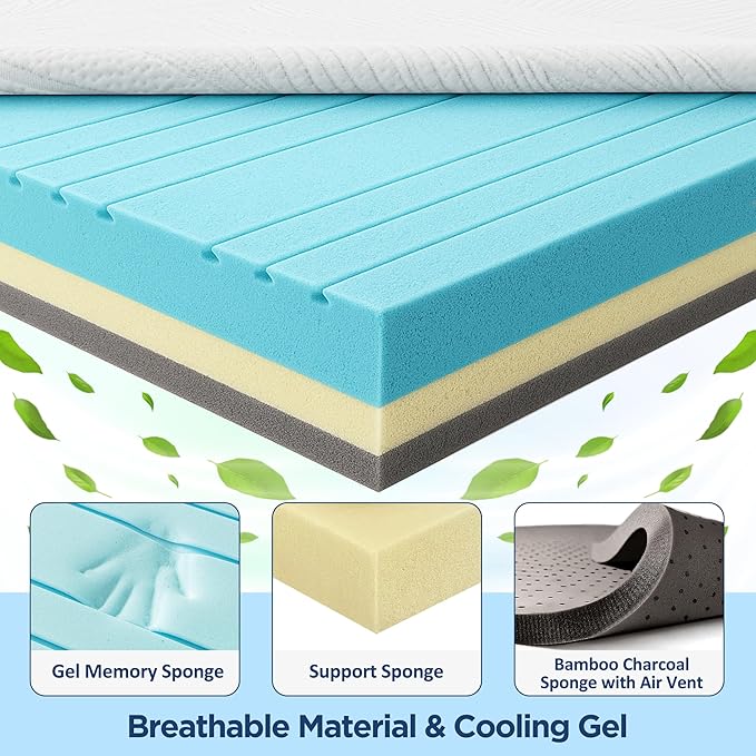 Enhomee Memory Foam Mattress Topper, 3 Inch King Mattress Topper with Cooling Gel and Washable Tencel Cover for Master Bedroom, Soft & Pressure Relief & Breathable, Non-Slip, CertiPUR-US Certified