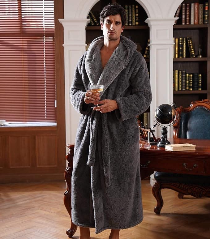 DAVID ARCHY Men's Hooded Robe Soft Coral Fleece Microfiber Bathrobe