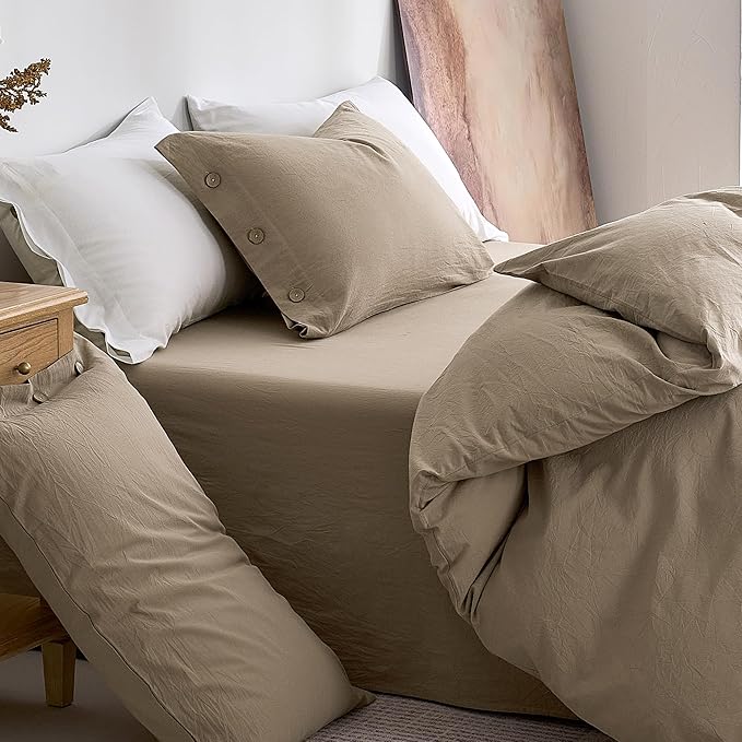 JELLYMONI 100% Washed Cotton Duvet Cover King – Soft, Breathable Linen-Look Bedding with Natural Wrinkle Texture, Button Closure, 3-Piece Set (Dusty Khaki, 104"x90")