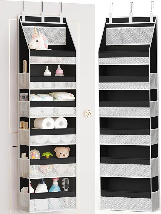Criusia Over the Door Organizer, Heavy-Duty 6-Shelf Hanging Storage with 13 Mesh Pockets, 55lbs Capacity Behind the Door Storage for Nursery, Bathroom, Bedroom, and Dorm, Black