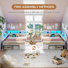 VIAGDO Corner Bed Frame Full with Storage Bookcase and 6 Drawers, Metal Platform Corner Bed Frame with LED Lights and Charging Station, Full Daybed for Kids Teenagers, White