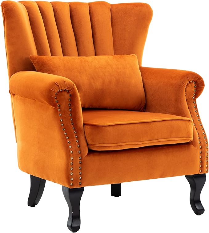 Mid Century Accent Chair Modern Tufted Wingback Armchairs Club Chair Velvet Single Sofa Lounge Chair with Pillow for Living Room, Orange