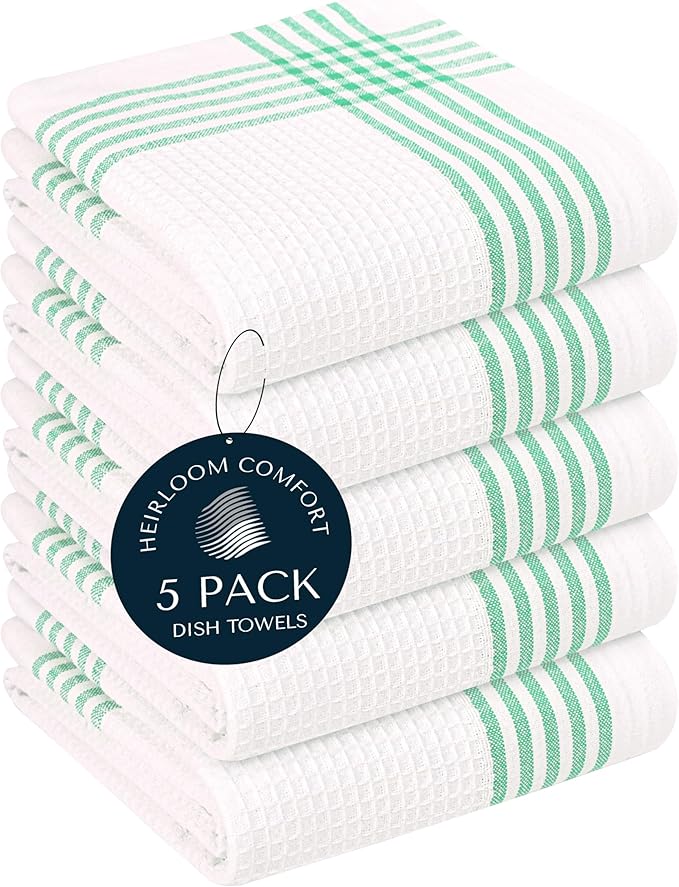 Dark Green Waffle Weave Kitchen Towels 5 Pack, 100% Cotton, 16x26 Inch, Ultra Absorbent, Quick Dry Dishcloths, Durable & Reusable Dish Towels for Home and Kitchen, Machine Washable