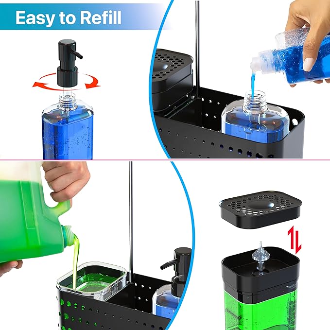 YAN & HIN Dish soap Dispenser with Sponge Holder, 5-in-1 High Brush Holder with Hand Soap & Dish Soap Dispensers - Perfect Kitchen Soap Dispenser Set, Includes Sponge, Dishcloth Bar