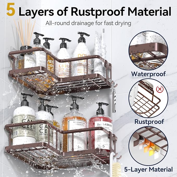 YASONIC Shower Caddy Corner, 3-Pack Adhesive Rustproof Stainless Steel Shower Shelves with Soap Holder, No Drilling Shower Organizer Corner for Dorm, Renters Bathroom, Bronze